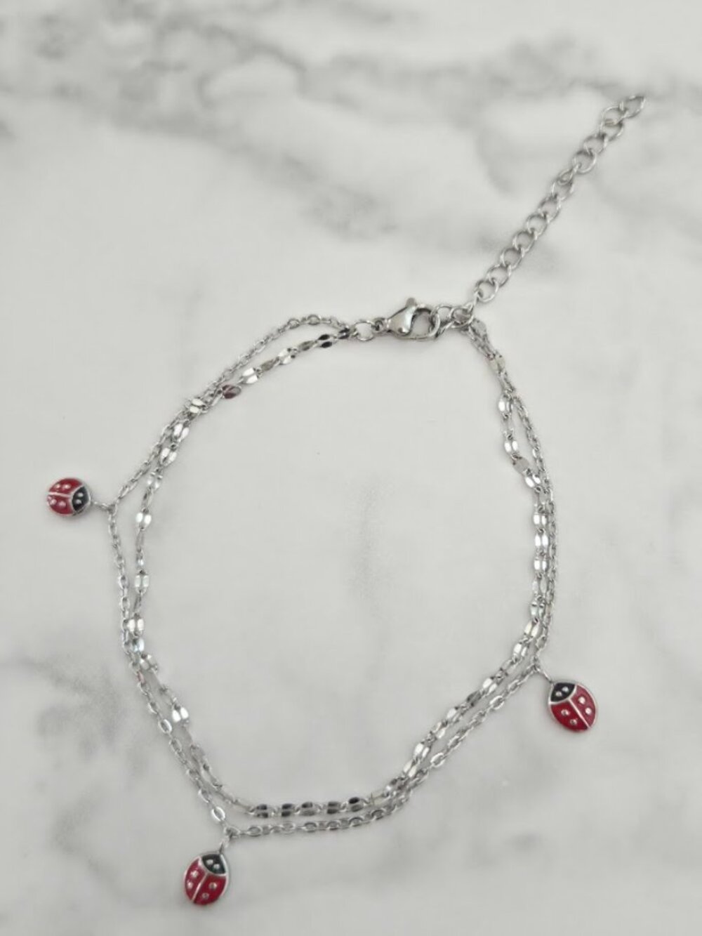 Dainty Ladybug Double Chain Anklet Silver Tone Minimalist Summer Jewelry - Picture 13 of 15